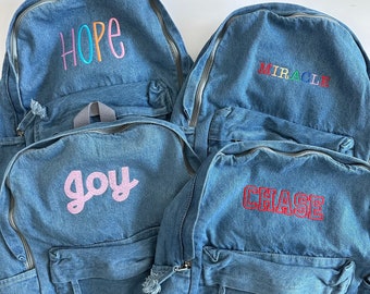 Personalized Monogrammed Embroidered Denim Name Backpack - Custom Denim Bag - Stitched Initial Monogram Kids Toddler Bag -