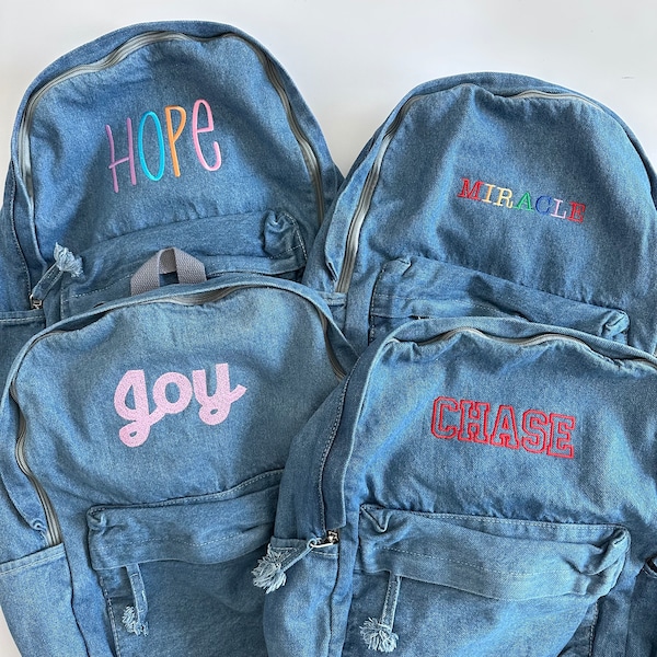 Personalized Monogrammed Embroidered Denim Name Backpack - Custom Denim Bag - Stitched Initial Monogram Kids Toddler Bag -