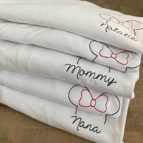 Family Custom Embroidered Minnie + Mickey Name T-Shirt Bundle - Personalized - Unisex Tees - Disneyland