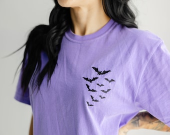 Embroidered Comfort Colors Bat Halloween T Shirt - Spooky Ghost Tee - Graphic Tees - Oversized Tees - Comfort Colors - Embroidered Shirt