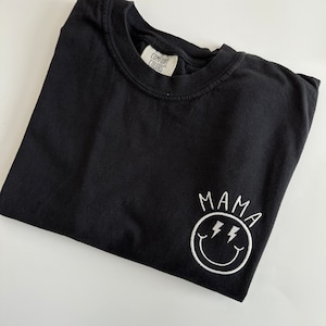 Comfort Colors Embroidered Mama Lightning Bolt Happy Face Short Sleeve Tee - Gifts for Mom - Smiley Face - Mom T-Shirt
