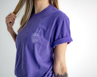 Comfort Colors Embroidered Skeleton Hand Peace Sign Tee - Customize - Garment Dyed Short Sleeve