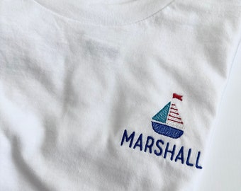 Baby / Toddler Custom Embroidered Tee - Personalized Name Sailboat Summer T-Shirt -  Youth Embroidered Shirt - Custom Name Shirt