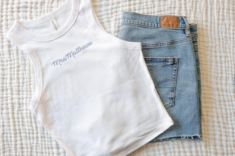 Embroidered High Neck Cropped Tank Top - Personalized Womens Crop Ribbed Baby Tee - Custom T Shirt -  Bridal - Custom Text
