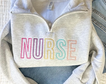 Embroidered Nurse Multicolor Quarter Zip - RN Apparel - Cozy Nurse Sweater - 1/4 Zip Sweatshirt - Jerzees Pullover Nurse Sweatshirt
