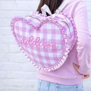 Heart-Shaped Gingham Backpack - Aqua Mini Heart Shaped blue Personalized Aqua Gingham Heart Shaped Backpack-Great Size  main image 3