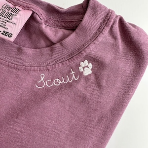 Comfort Colors Custom Dog Name Neckline Embroidered Mama T Shirt - Personalized - Dog Mom Paw Print - Collar Embroidery - Dog Lover