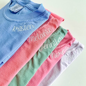 Comfort Colors Embroidered Name Neckline Tee - Personalized Embroidered Name T Shirt - Bridal Bachelorette Wedding Party Gift- Minimal