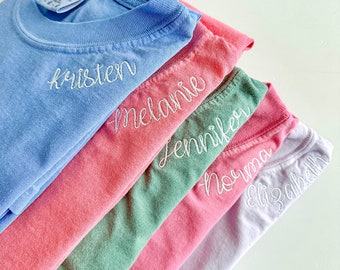 Comfort Colors Embroidered Name Neckline Tee - Personalized Embroidered Name T Shirt - Bridal Bachelorette Wedding Party Gift- Minimal