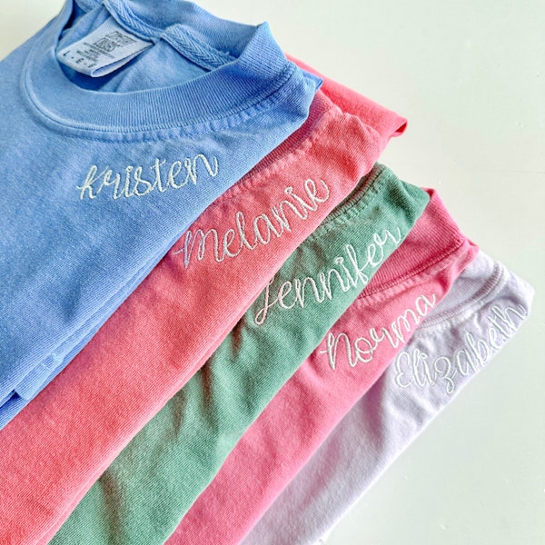 Comfort Colors Embroidered Name Neckline Tee - Personalized Embroidered Name T Shirt - Bridal Bachelorette Wedding Party - CC1717 - Minimal