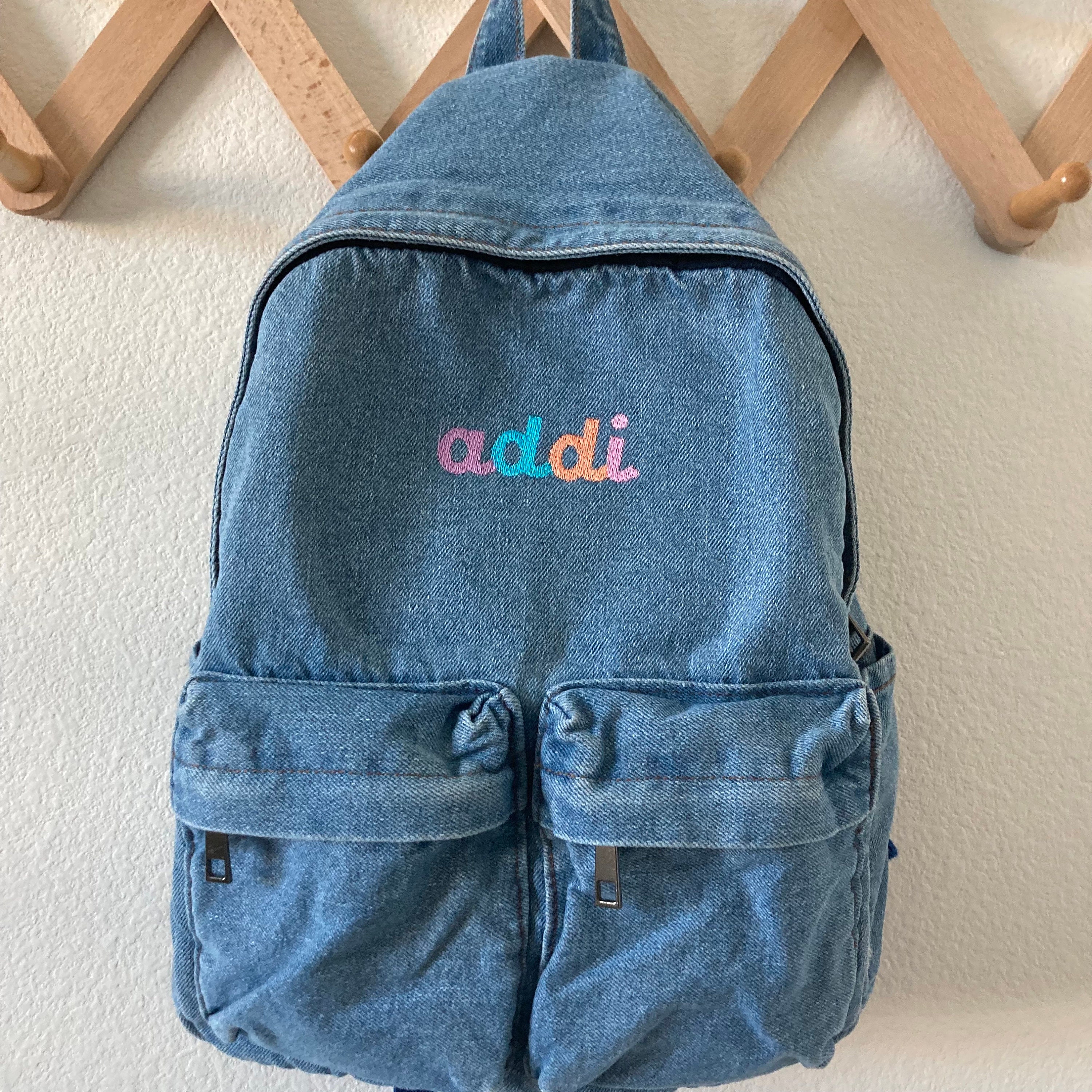 Personalized Monogrammed Embroidered Denim Name Backpack 
