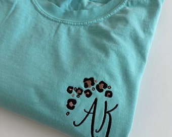 Comfort Colors Custom Embroidered Leopard Monogram Short Sleeve T-Shirt - Personalized - Garment Dyed Crew - Comfort Colors Tee