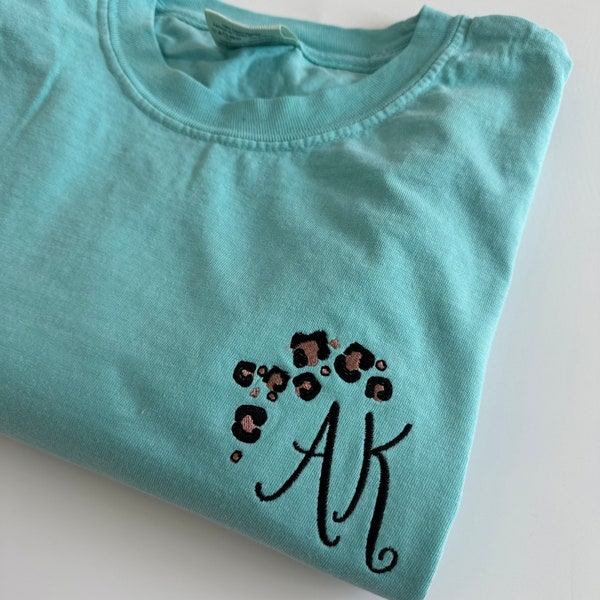 Comfort Colors Custom Embroidered Leopard Monogram Short Sleeve T-Shirt - Personalized - Garment Dyed Crew - Comfort Colors Tee