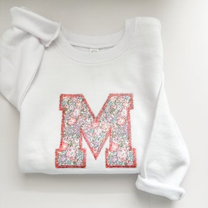 Toddler Custom Varsity Letter Appliqué Sweatshirt - Personalized Embroidered Monogram Crewneck Sweatshirt - Floral Embroidery Crewneck