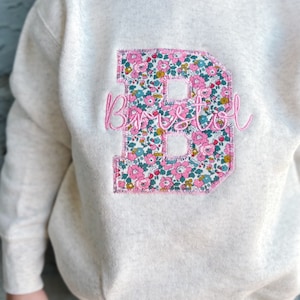 Toddler Custom Varsity Name Appliqué Sweatshirt - Personalized Embroidered Monogram Crewneck Sweatshirt - Floral - London of Liberty Fabric