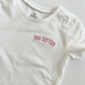 Organic Cotton Custom Big Little Brother Sister Embroidered Toddler T-Shirt - Personalized Baby Clothing - Curved Circle Left Chest Name
