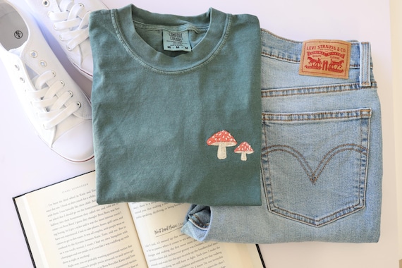 Embroidered Mushroom T Shirt - Comfort Colors Cottagecore embroidered Tee - Cute Graphic Shirt for Women- Whimsical Embroidery - Cozy Vive