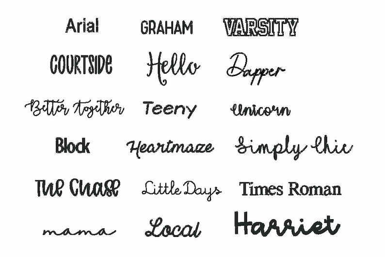 以下が含まれることがあります： Arial、Varsity、Hello、Simply Chicなど、さまざまなフォントの黒いテキストデザインのコレクション。画像は、グラフィックデザインプロジェクトやクラフトに適した、さまざまなタイポグラフィスタイルを示しています。