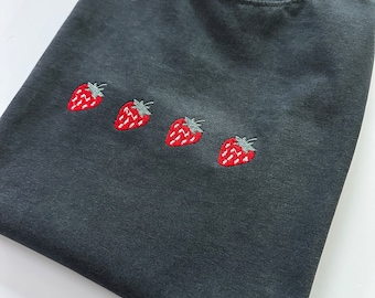 Comfort Colors Embroidered Strawberry T Shirt - Short Sleeve Summer Tee - Womens Oversized Stitched Shirt - Embroidered Clothing