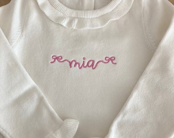 Baby / Toddler Girls Embroidered Ruffled Pullover Sweater - Personalized Name with Bows - Toddler Girls Knit Crewneck - Custom Gift