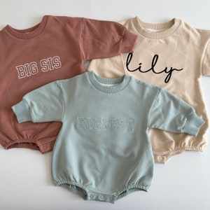 Organic Cotton Baby Bubble Romper Custom Embroidered Name Bubble Sweatshirt Romper Personalized Name Crewneck Sweatshirt Sweater image 3