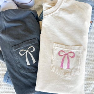 Comfort Colors Embroidered Bow Pocket Tee - Cute Coquette Bow - Bridal Party Shirt - Girly Bow T Shirt -   Custom Embroidery - Bachelorette