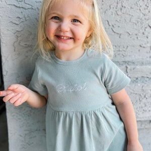 Organic Cotton Toddler Baby Girl Ribbed Embroidered Dress - Custom Name Outfit - 100% Organic Cotton - Short Sleeve - Baby Girl Dress