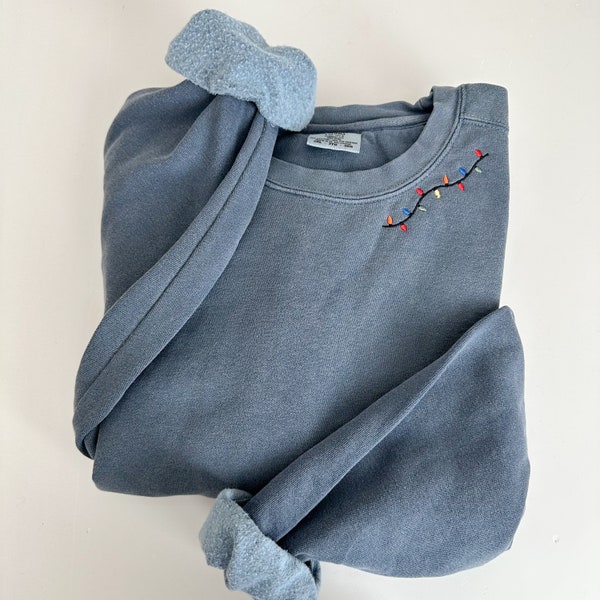 Comfort Colors Embroidered Christmas Lights Neckline Crewneck Sweatshirt - Sweater Pullover - Christmas Sweater - Collar Embroidery