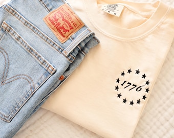 1776 Embroidered Comfort Colors T Shirt - 4th of July Tee - Minimal Patriotic Short Sleeve Shirt