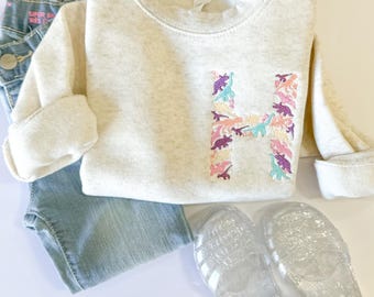 Girls Custom Embroidered Dinosaur Initial Sweatshirt - Personalized Dino Monogram Sweatshirt – Custom Embroidered Cute Dino Crewneck Girls