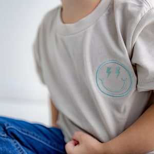 Toddler Embroidered Happy Face Smiley Tee - Bella Canvas - Heart Eye Smiley - Lightning Bolt Smiley - Trendy - Simple T Shirt