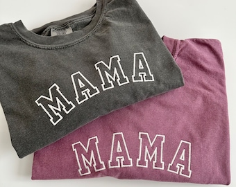 Comfort Colors VARSITY Embroidered Mama Short Sleeve Shirt - Varsity Letter - Collegiate - Short Sleeve - Mama Tee - Custom