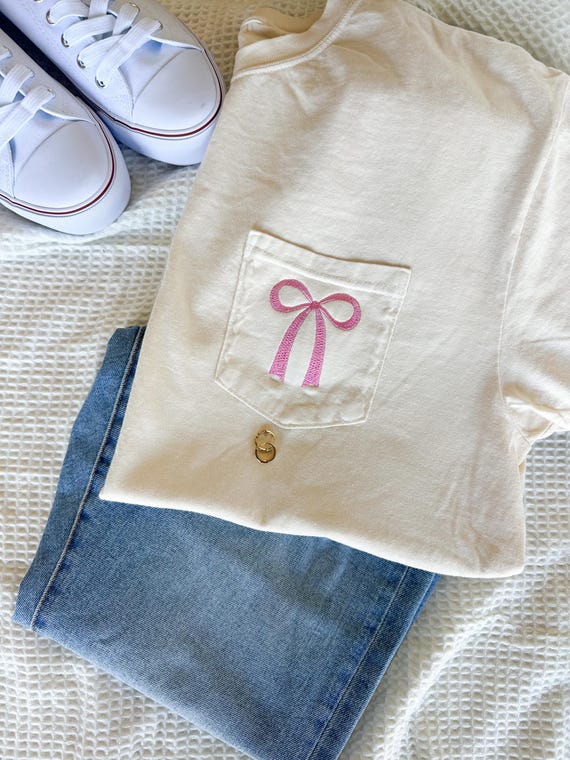 Comfort Colors Embroidered Bow Pocket Tee - Cute Coquette Bow