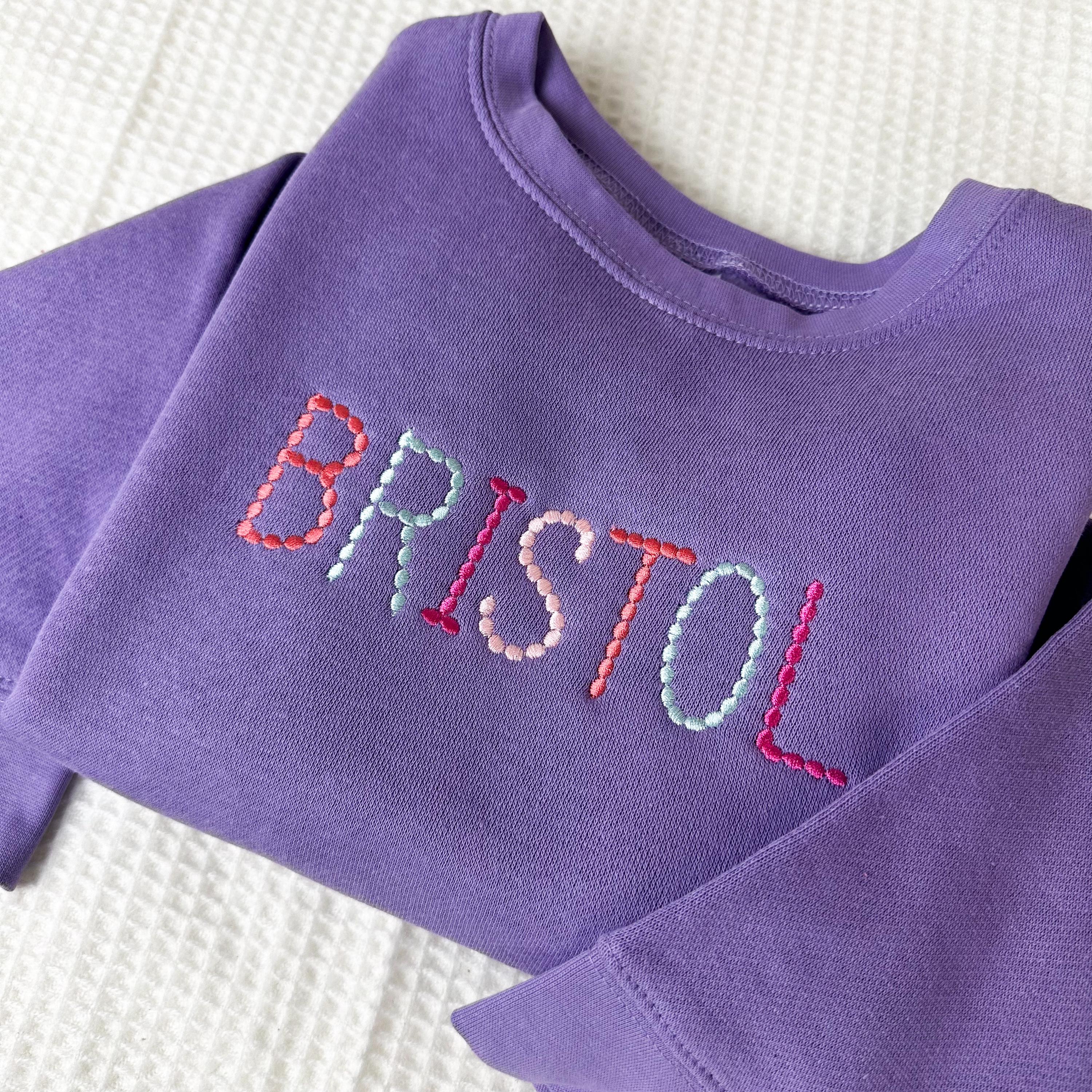 Tシャツ・カットソー +AMBLER+ We Ambler Embroidered Sweatshirt Purple AMM1218 Custom Embroidered Toddler Bubble Pearl Name Sweatshirt