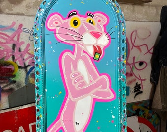 Pink Panther on wood with wooden frame