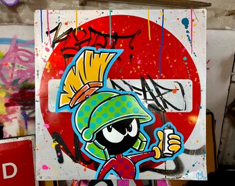 Marvin the Martian on found metal road sign