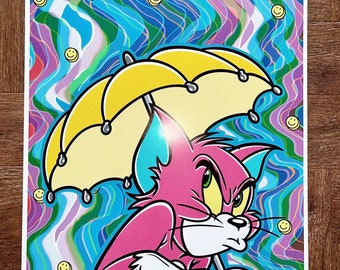 May include: A pink cartoon cat with a yellow umbrella, standing in a psychedelic background with blue, green, and purple wavy lines and yellow smiley faces.