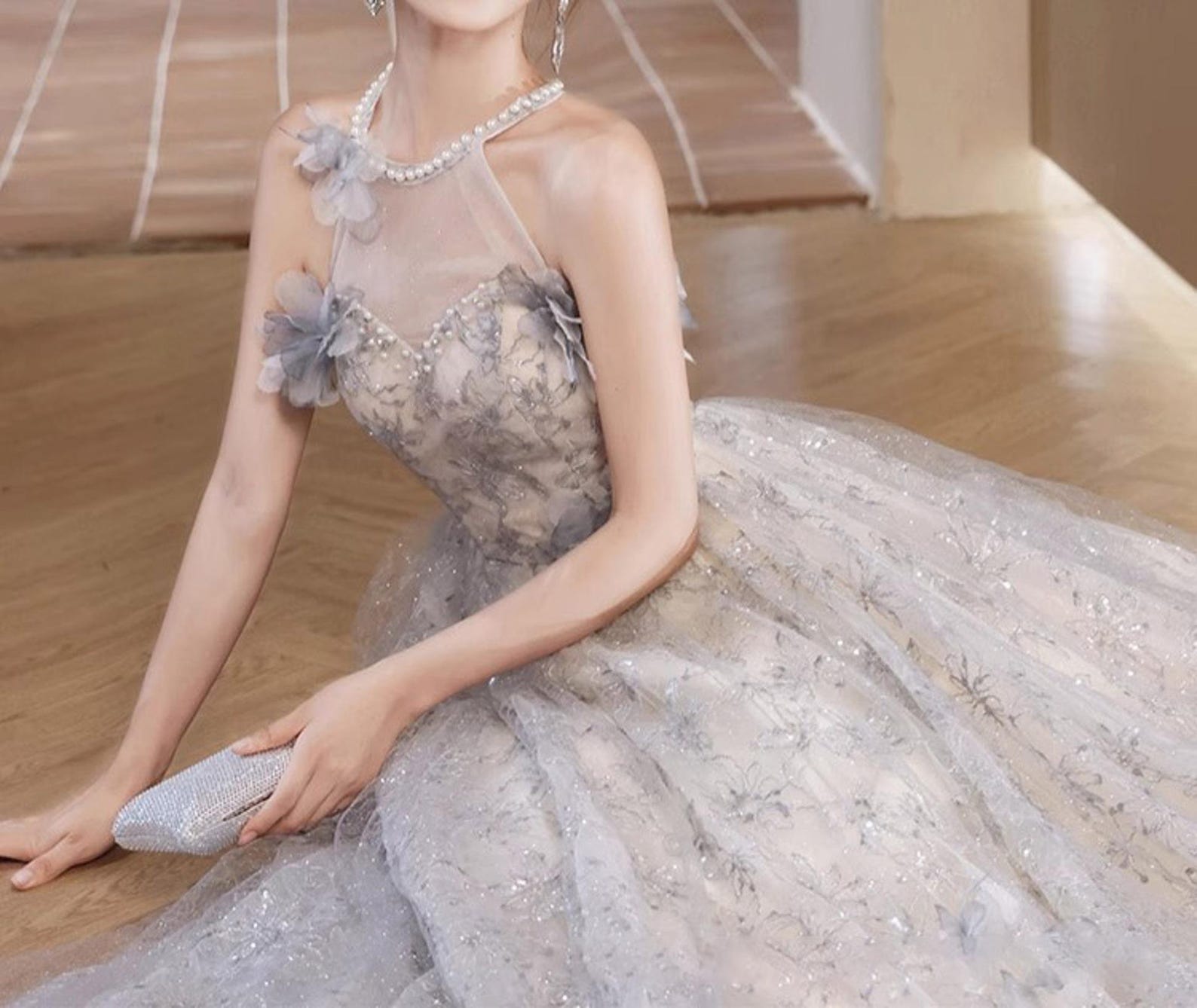 Pretty Prom Dress Strapless Pleated Tulle Floral Gala Dress Evening Dress Formal Gown      D5457 main image 1