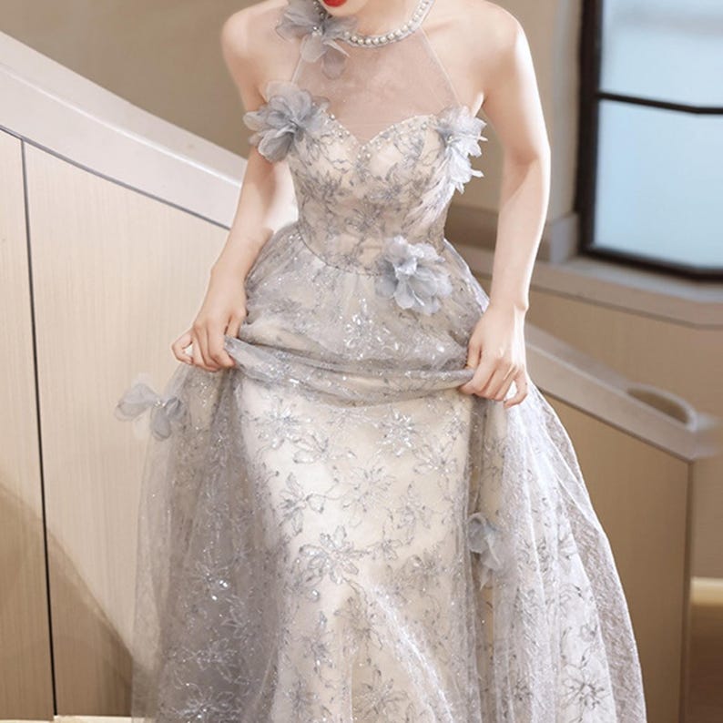 Halter Neck Tulle Prom Dress,floral Prom Dress,lace Pearl Prom Gown,a