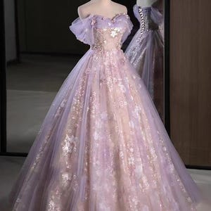 Dreamy Purple Off-the-Shoulder Beaded Lace Tulle Long Prom Dress Evening Dress cc5562 main image 1