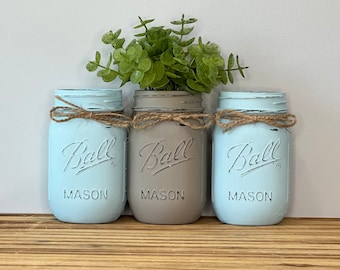 Bauernhaus Einmachglas Herzstück, Grau und Baby Blau Rustikale Dekoration, Rustikale Brautdusche Tischdekoration, Teal Blau Party Dekoration, Baby Shower Decor