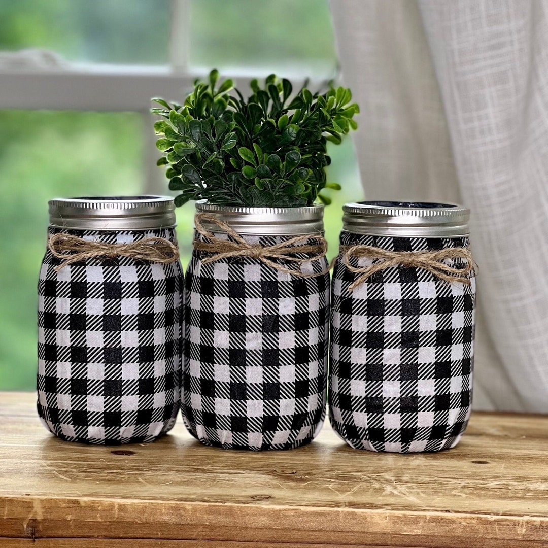 Black and White Buffalo Plaid Mason Jars, Buffalo Check Kitchen Decor ...