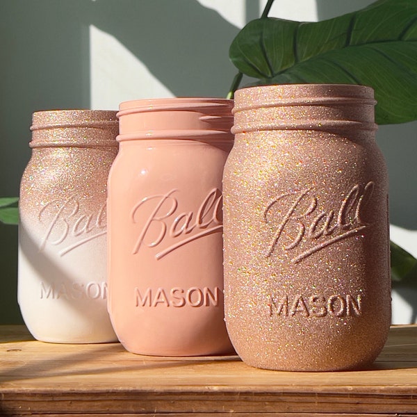 Rose Gold Glitter Ombre Style Mason Jars, Spring Wedding Centerpiece, Pink Blush Baby Shower, Bridal Shower Decor, Bachelorette Table Decor