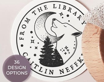 Wolf & Moon Personalized Book Stamp BookLover Gift Mystical Ex Libris Collectible Bookworm Self Inking