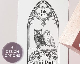 Coppia di gufi, regalo per amanti dei libri, finestra medievale, ex libris, timbro da collezione per biblioteca, Dark Academia