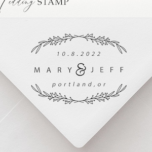 Floral Wreath Custom  Wedding Stamp, Botanical Wedding Custom Stamp, Wreath Crest Custom Stamp  #105420