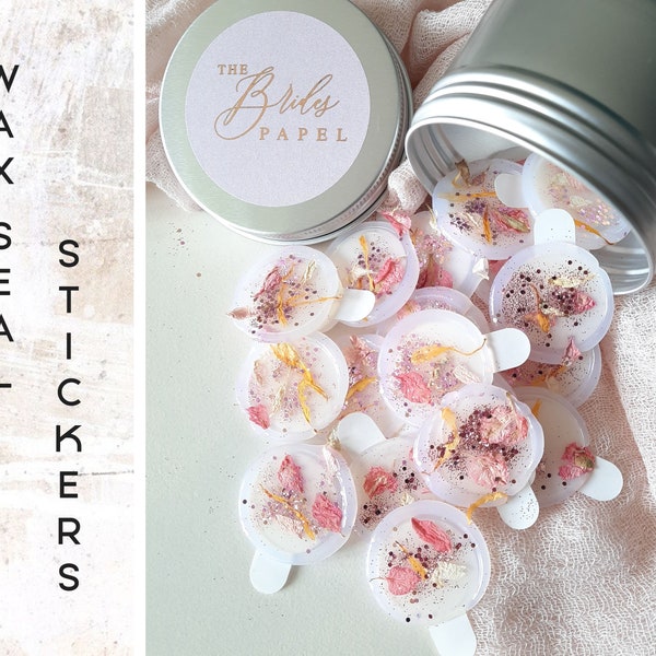 Dried Petals and Rose Gold Glitter Wax Seal Stickers, Wax Seal Stickers with Petals, Wedding Stationary Wax Seal Stickers  -2054080721
