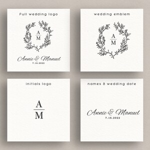 May include: Four square cards with wedding design elements. The top left card says "full wedding logo" and features a floral wreath around the initials "A M" and the names "Annie & Manuel" with the date "7.16.2022". The top right card says "wedding emblem".