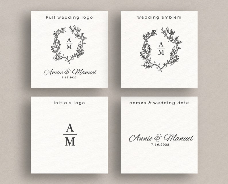 May include: Four square cards with wedding design elements. The top left card says "full wedding logo" and features a floral wreath around the initials "A M" and the names "Annie & Manuel" with the date "7.16.2022". The top right card says "wedding emblem".