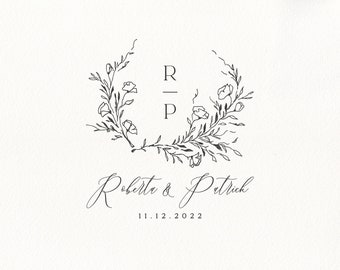 Wild Flower Wreath Wedding Logo Kit, Botanical Wedding Monogram Design Set, Hand Drawn Wedding Logo Set, Wedding Digital Logo -123329